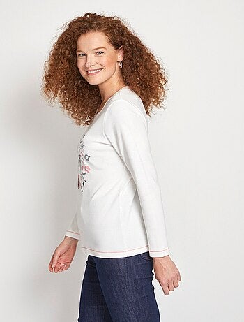 T-shirt court col rond motif brillant