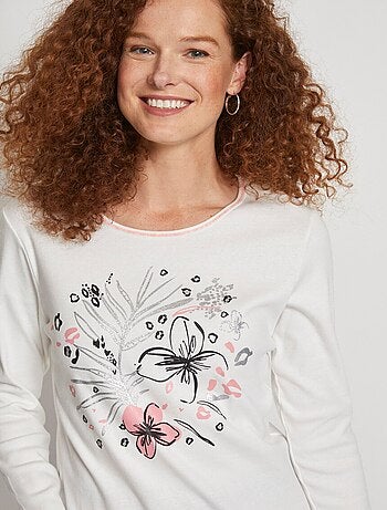 T-shirt court col rond motif brillant