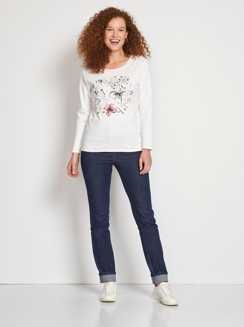 T-shirt court col rond motif brillant Ecru - Kiabi