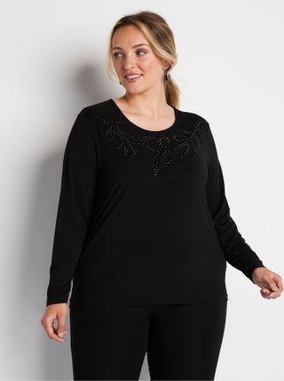T-shirt court col rond résille brodé strass