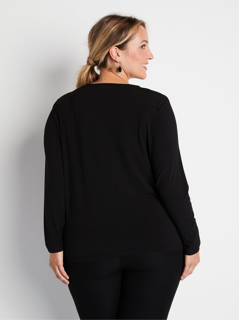 T-shirt court col rond résille brodé strass Noir - Kiabi