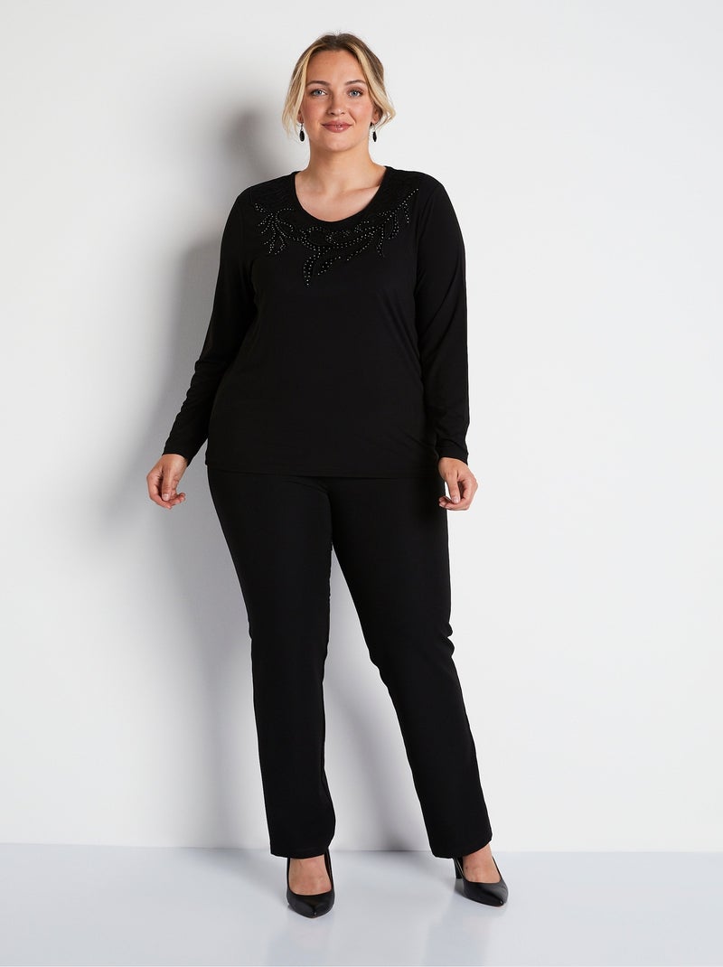 T-shirt court col rond résille brodé strass Noir - Kiabi