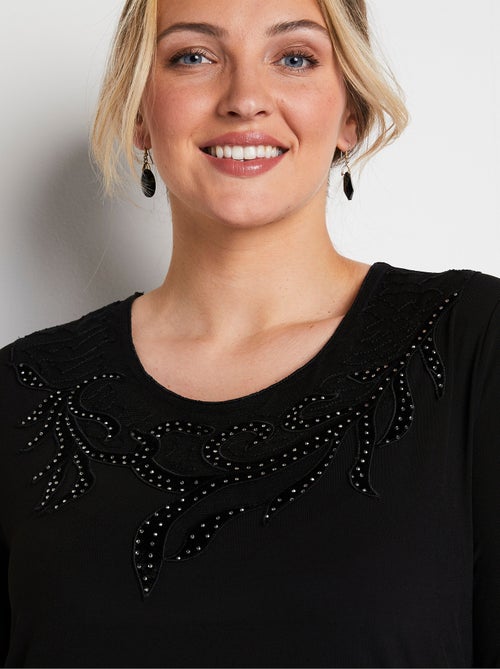 T-shirt court col rond résille brodé strass - Kiabi