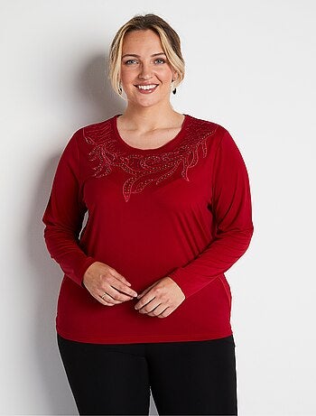 T-shirt court col rond résille brodé strass