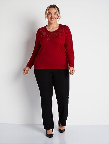 T-shirt court col rond résille brodé strass