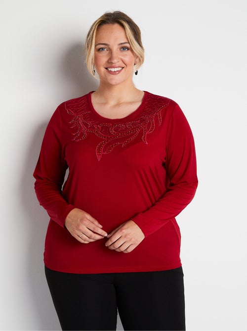 T-shirt court col rond résille brodé strass - Kiabi