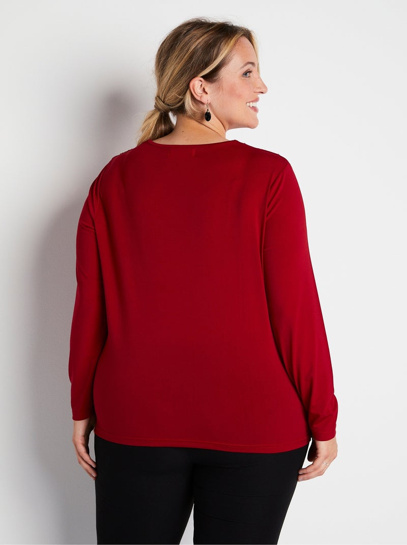 T-shirt court col rond résille brodé strass Rouge - Kiabi