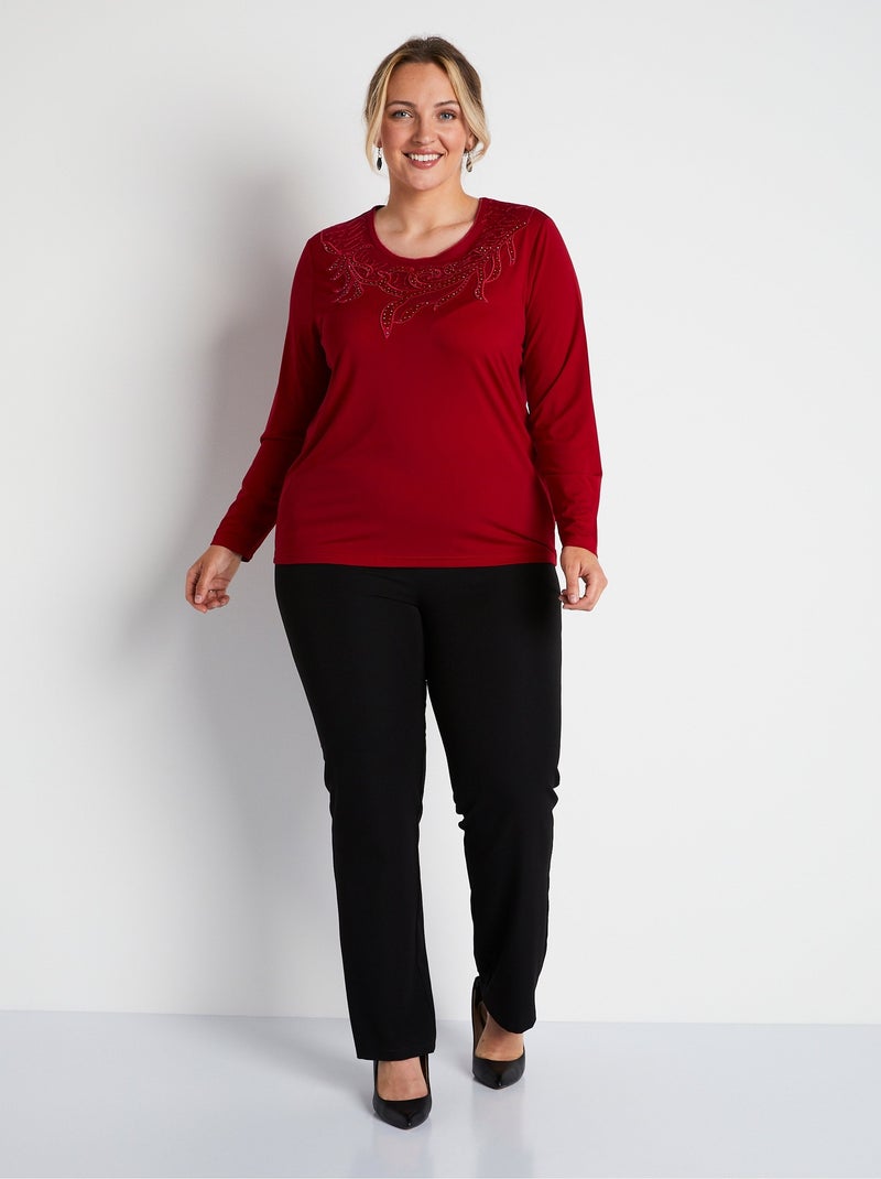 T-shirt court col rond résille brodé strass Rouge - Kiabi