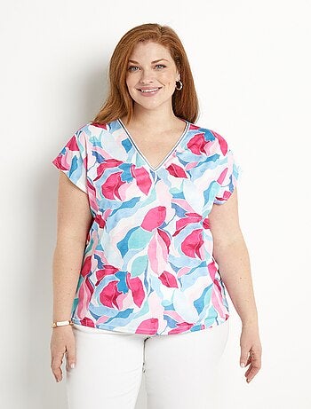 T-shirt court col V brillant imprimé