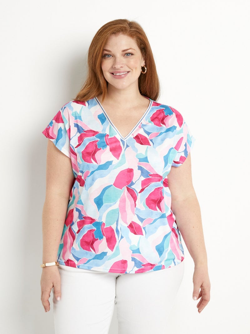 T-shirt court col V brillant imprimé Bleu Rose - Kiabi