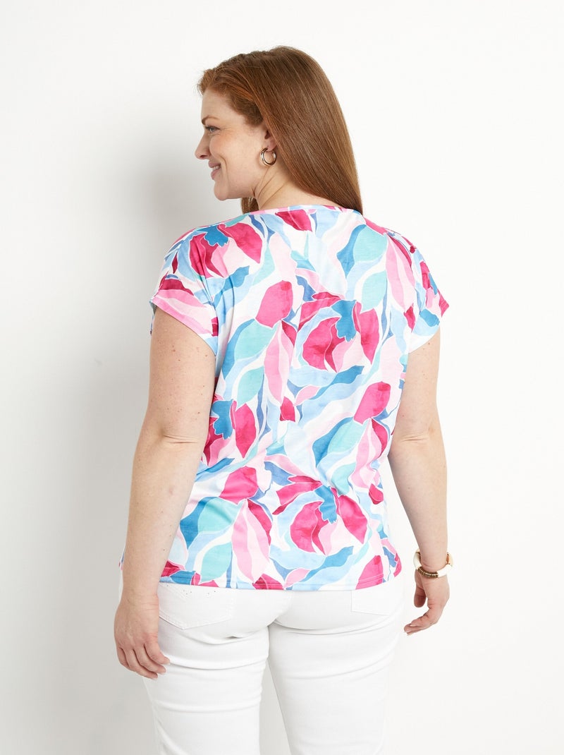 T-shirt court col V brillant imprimé Bleu Rose - Kiabi