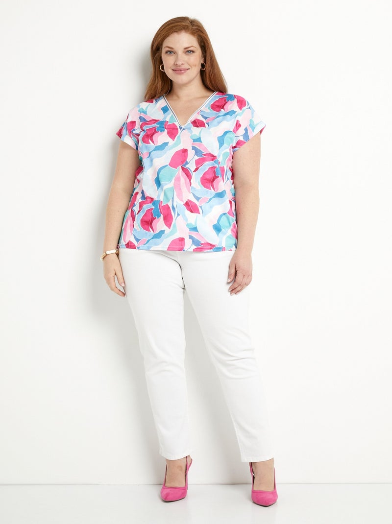 T-shirt court col V brillant imprimé Bleu Rose - Kiabi