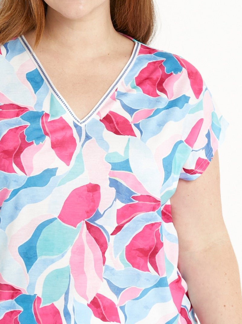 T-shirt court col V brillant imprimé Bleu Rose - Kiabi