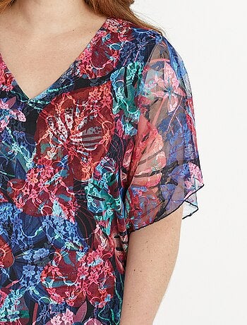 T-shirt court col V dentelle imprimée