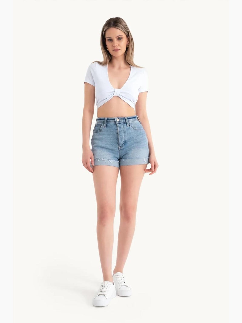 T-shirt court col v profond noué devant manches courtes hiccup Blanc - Kiabi