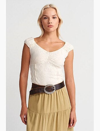 T-shirt court dentelle ajusté manches courtes dilvin