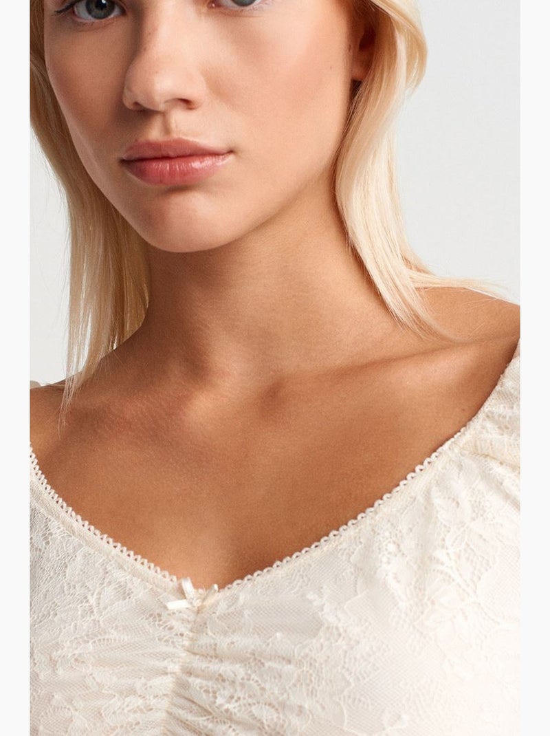 T-shirt court dentelle ajusté manches courtes dilvin Blanc cassé - Kiabi