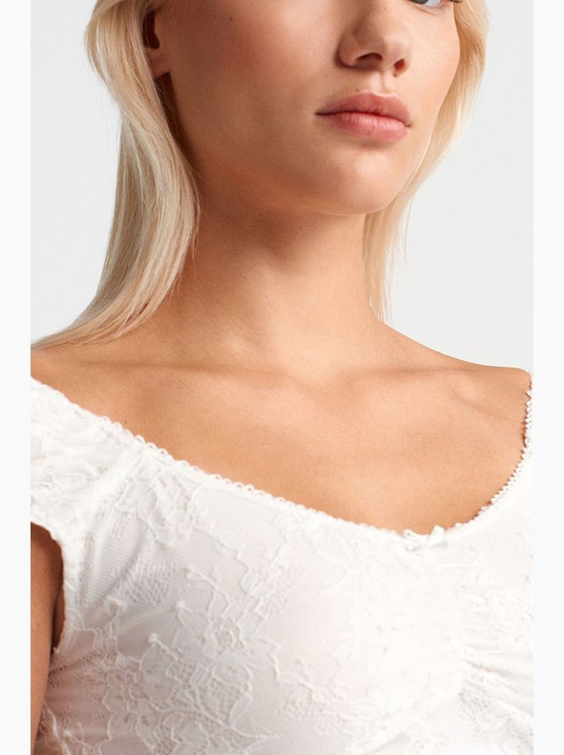 T-shirt court dentelle ajusté manches courtes dilvin Blanc - Kiabi