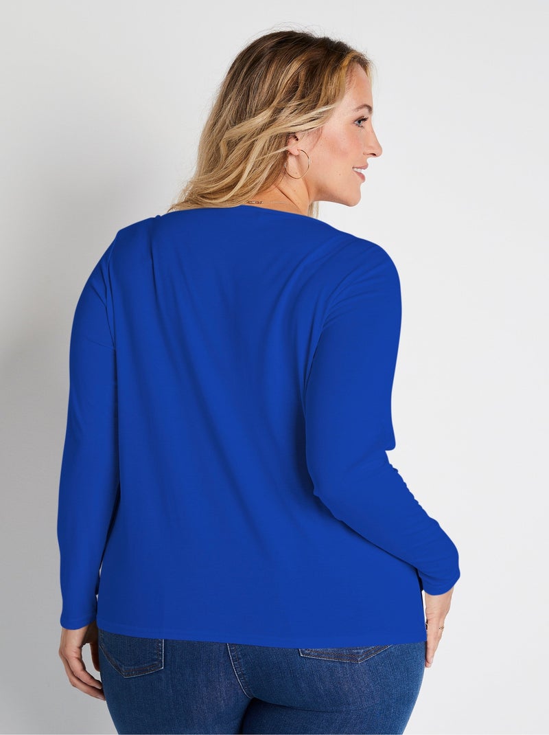 T-shirt court dentelle col V manches longues Bleu - Kiabi