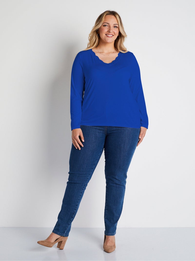 T-shirt court dentelle col V manches longues Bleu - Kiabi