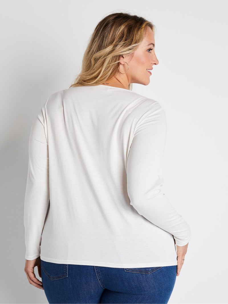 T-shirt court dentelle col V manches longues Ecru - Kiabi