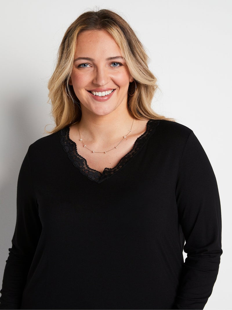 T-shirt court dentelle col V manches longues Noir - Kiabi