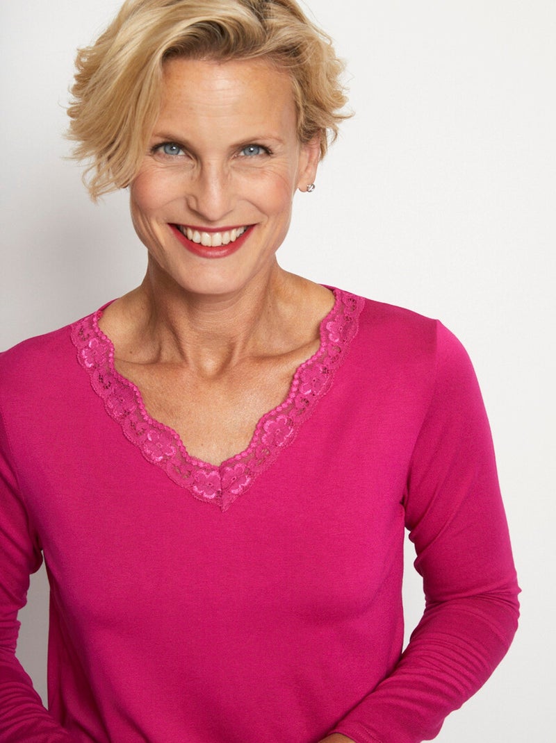 T-shirt court dentelle col V manches longues Rose - Kiabi