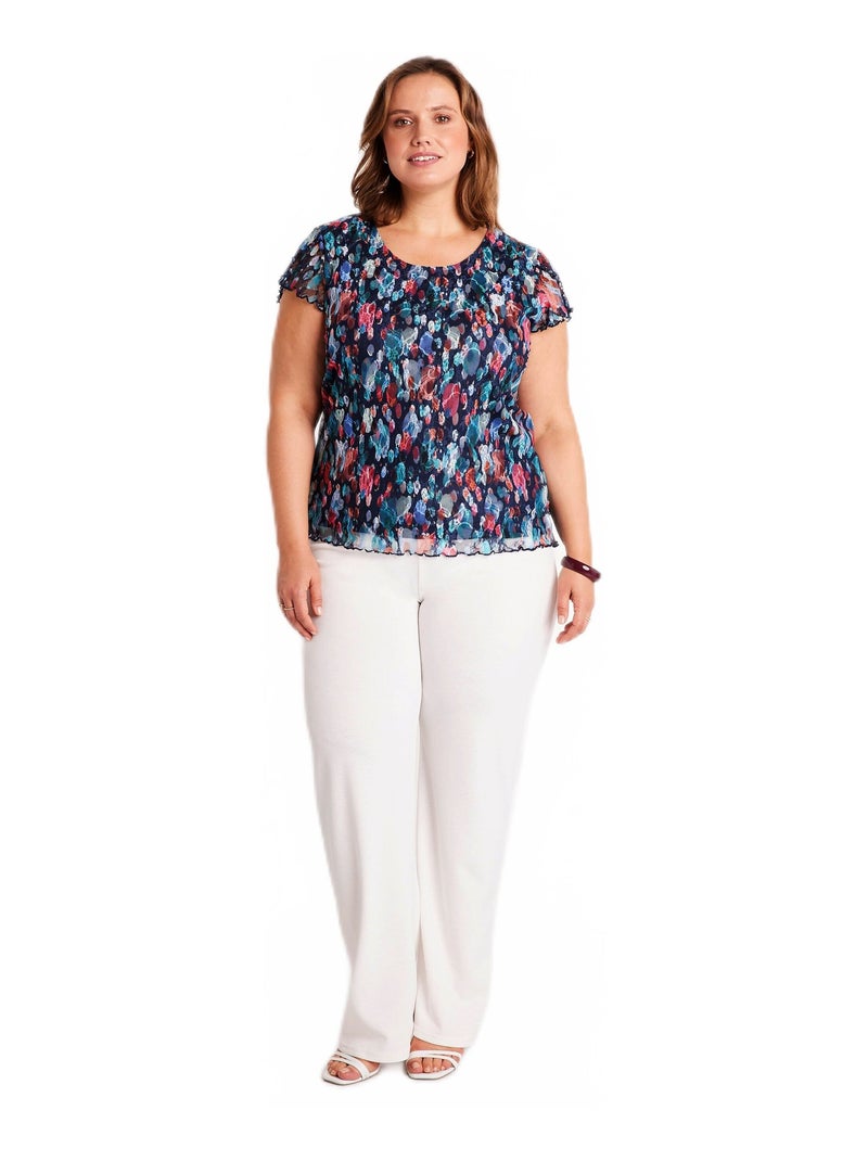 T-shirt court dentelle imprimée Bleu - Kiabi