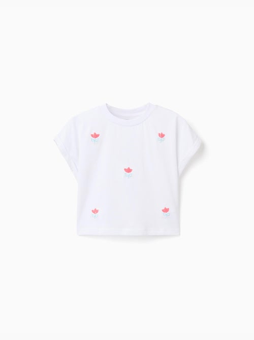 T-shirt court en coton avec fleurs à sequins - Kiabi