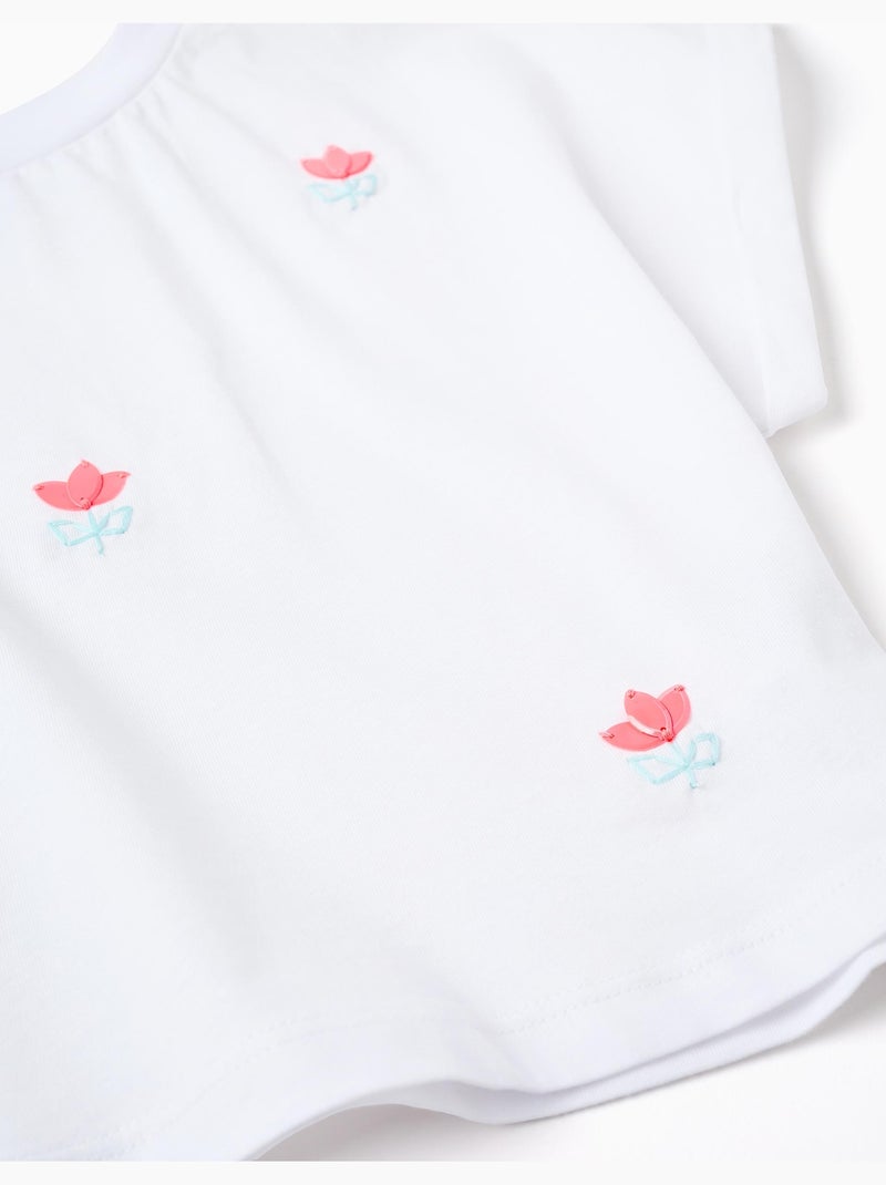 T-shirt court en coton avec fleurs à sequins Blanc - Kiabi