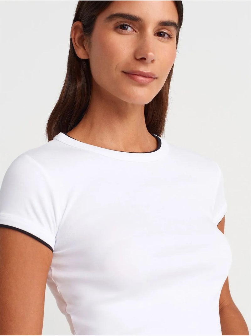T-shirt Court En Coton, Coupe Ajustée, Femme Blanc - Kiabi