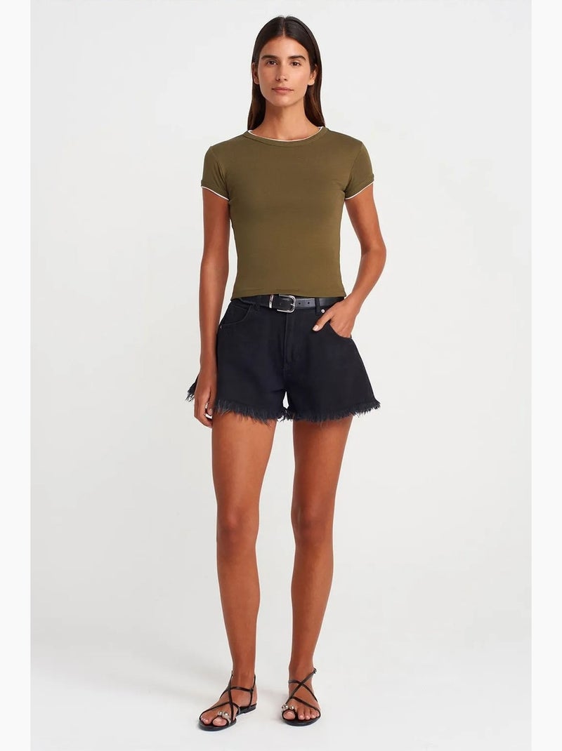 T-shirt court en coton, coupe ajustée, femme dilvin Kaki - Kiabi