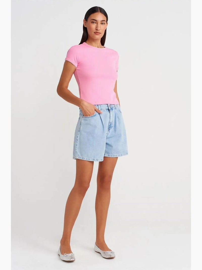 T-shirt court en coton, coupe ajustée, femme dilvin Rose fluo/Solinotes - Kiabi