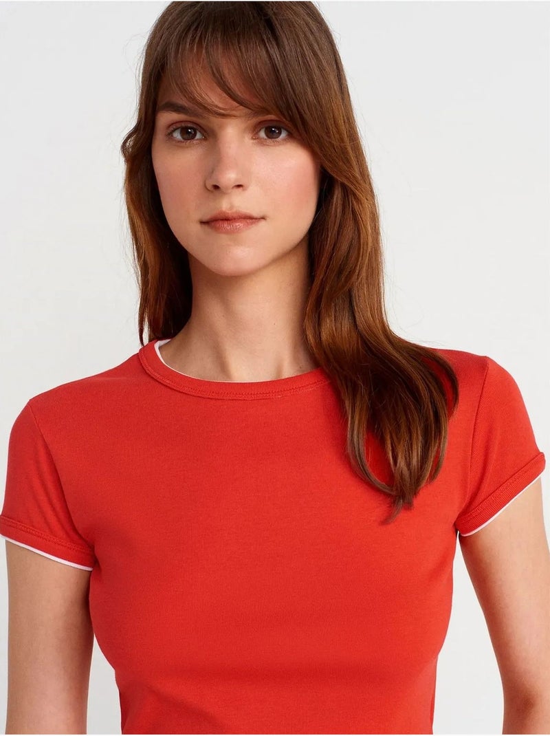 T-shirt court en coton, coupe ajustée, femme dilvin Rouge - Kiabi