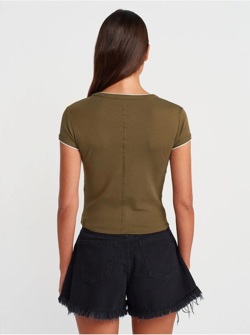 T-shirt Court En Coton, Coupe Ajustée, Femme Kaki - Kiabi