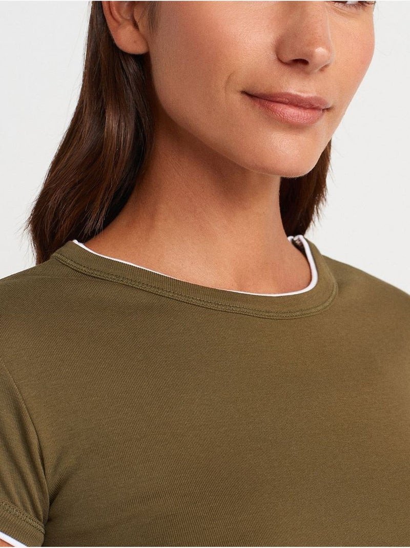 T-shirt Court En Coton, Coupe Ajustée, Femme Kaki - Kiabi