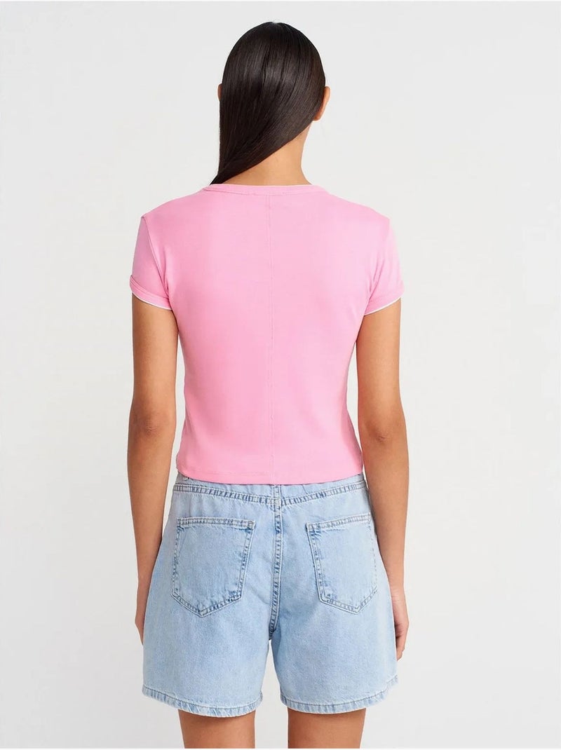 T-shirt Court En Coton, Coupe Ajustée, Femme Rose fluo/Solinotes - Kiabi