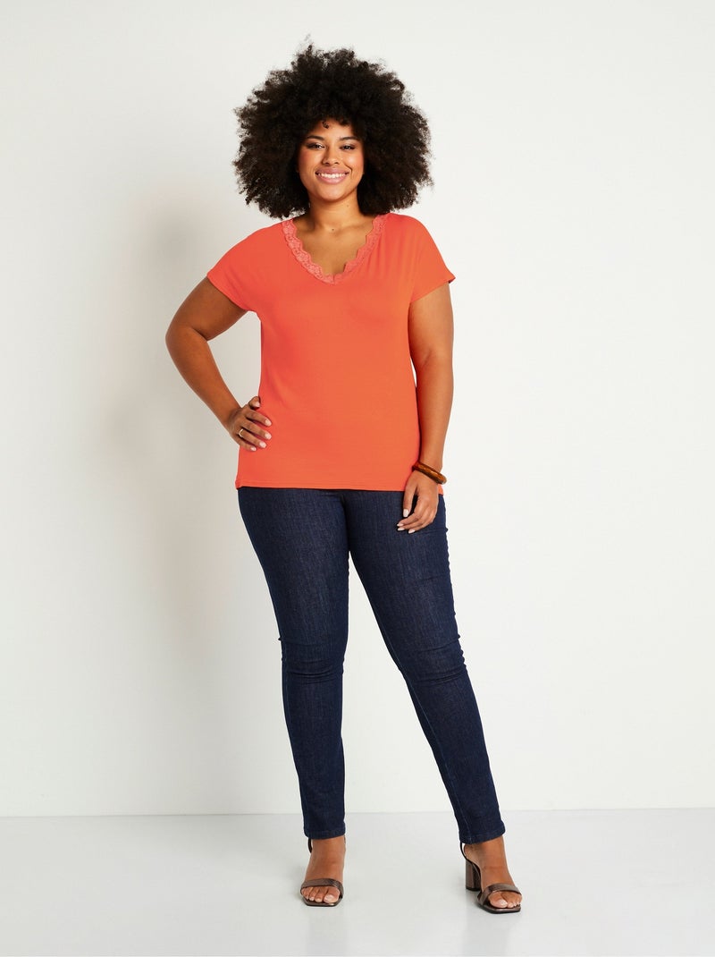 T-shirt court extensible dentelle Orange - Kiabi