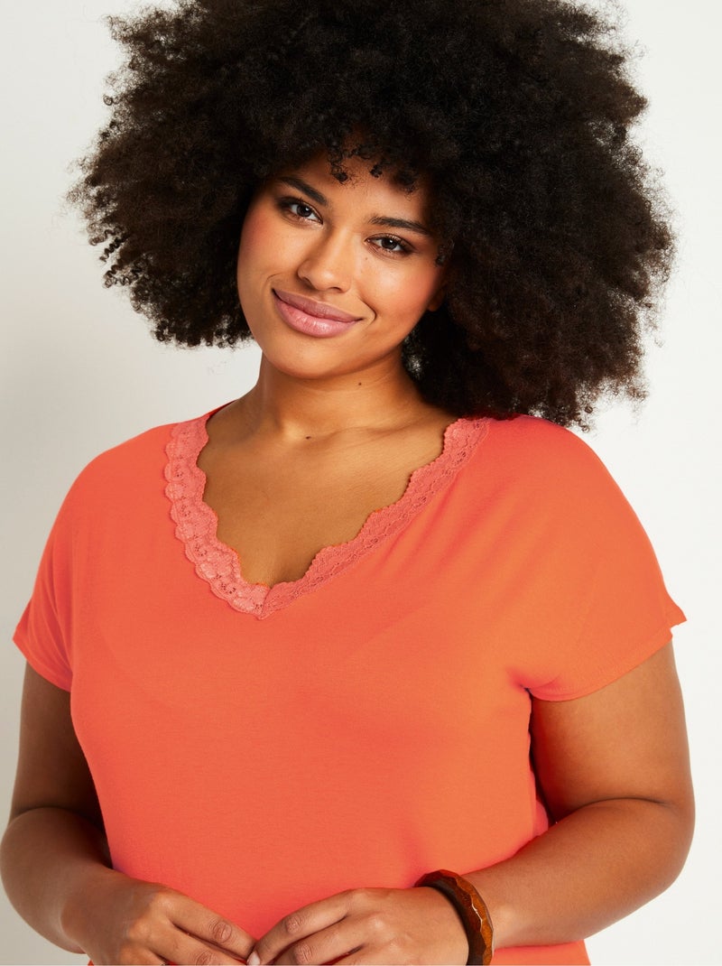 T-shirt court extensible dentelle Orange - Kiabi