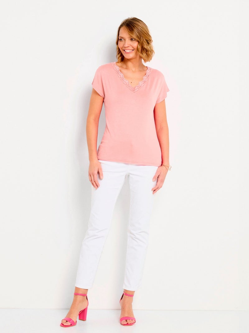 T-shirt court extensible dentelle Rose - Kiabi
