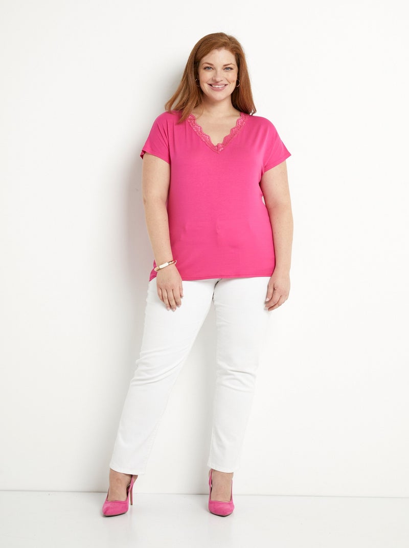 T-shirt court extensible dentelle Rose fushia - Kiabi
