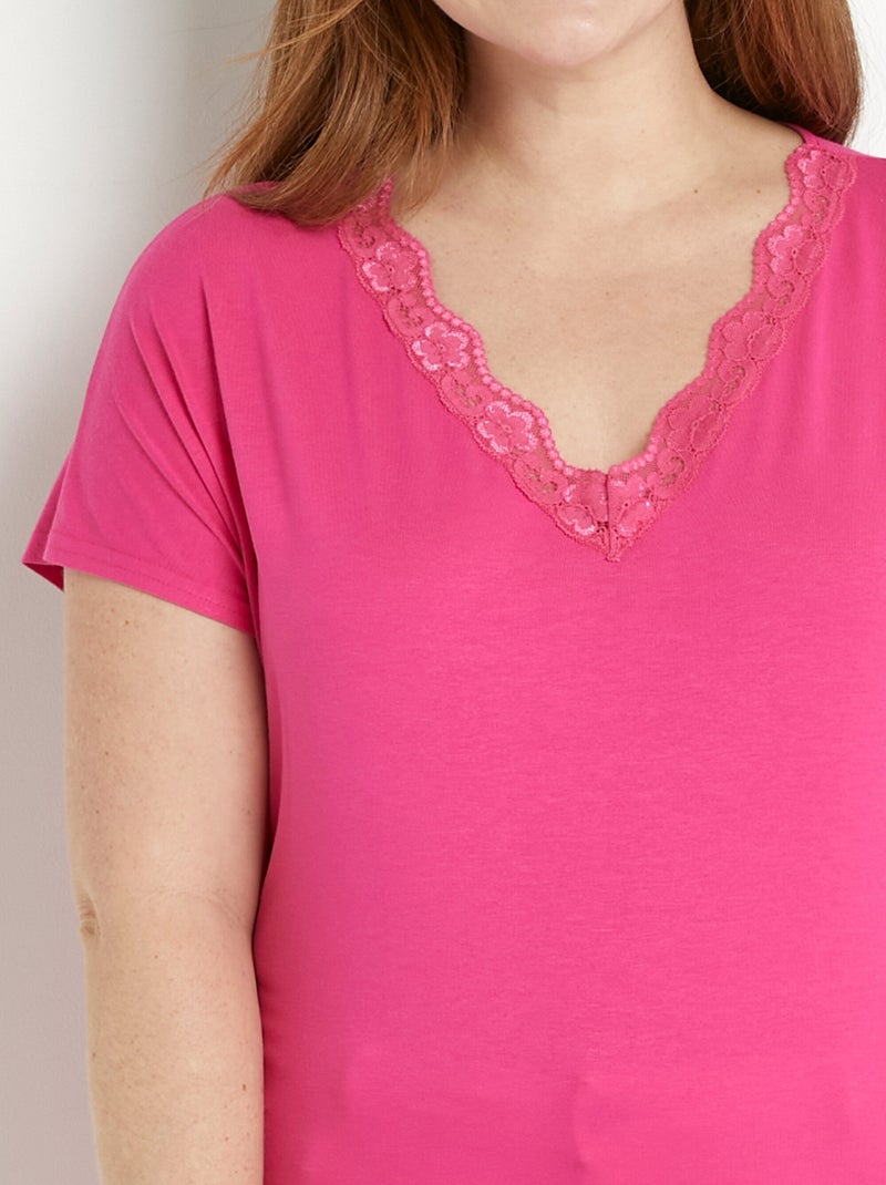 T-shirt court extensible dentelle Rose fushia - Kiabi
