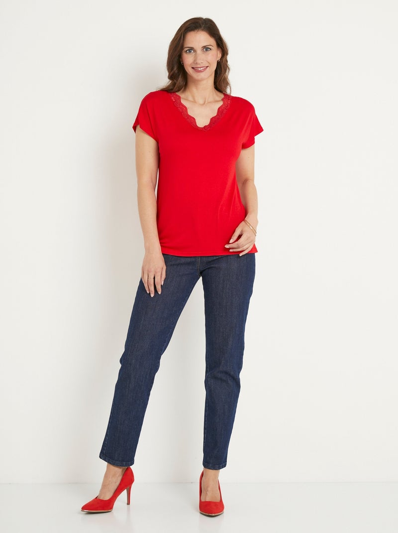 T-shirt court extensible dentelle Rouge - Kiabi