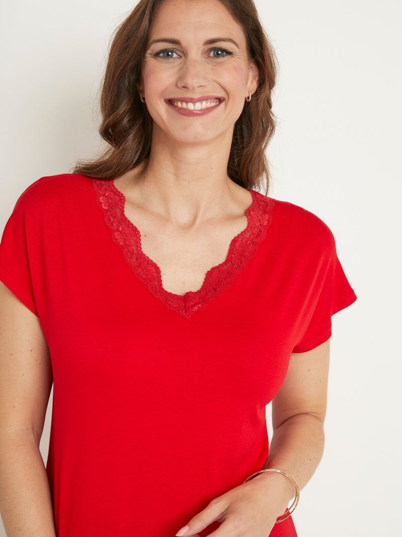 T-shirt court extensible dentelle Rouge - Kiabi