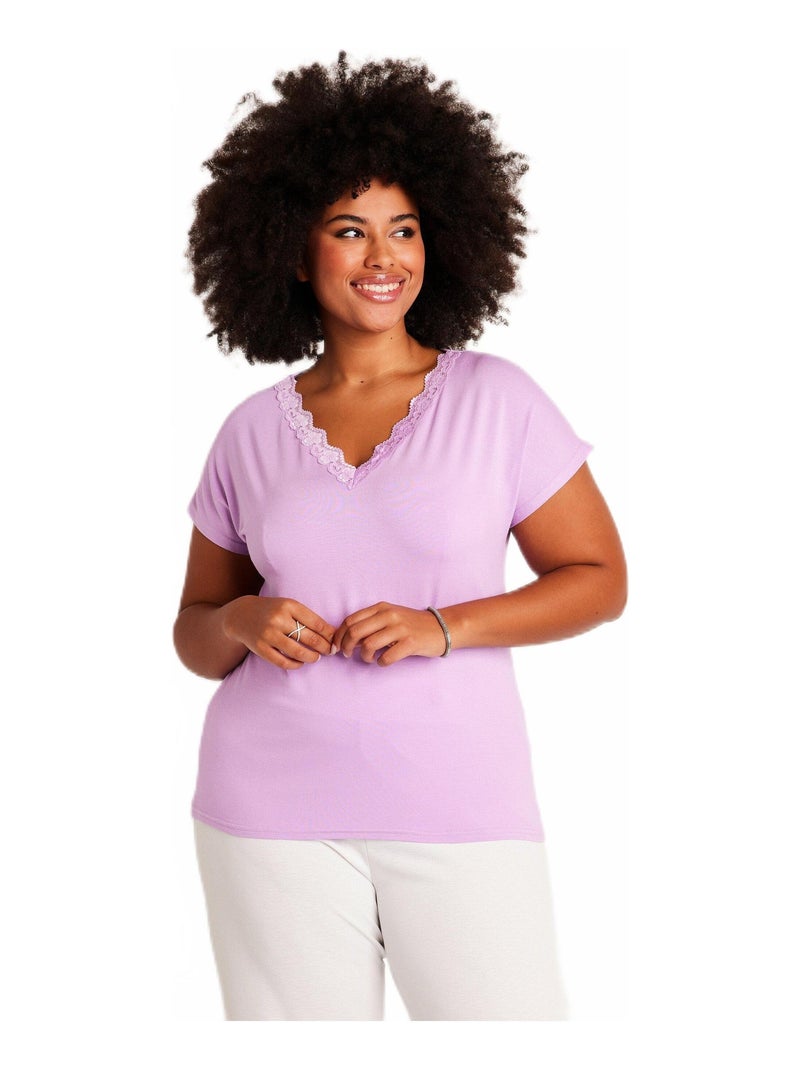 T-shirt court extensible dentelle Violet - Kiabi