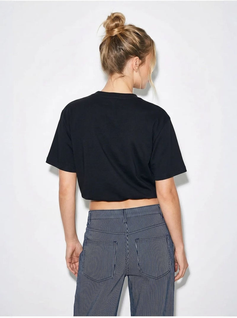 T-shirt court femme à col rond lucci Noir - Kiabi