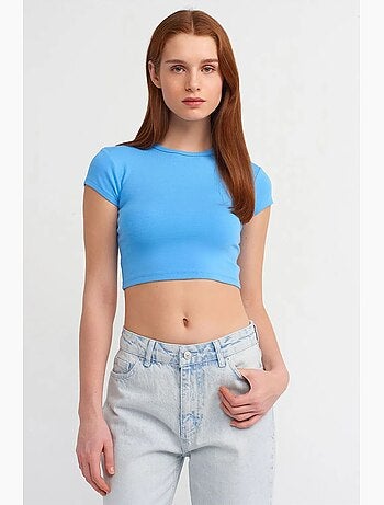 T-shirt court femme, coupe ajustée, col rond dilvin
