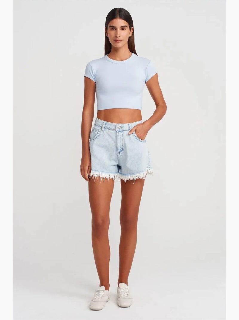 T-shirt court femme coupe ajustée col rond dilvin Bleu ciel - Kiabi