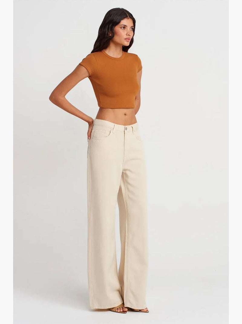 T-shirt court femme coupe ajustée col rond dilvin Camel - Kiabi