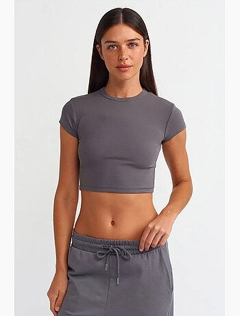 T-shirt court femme, coupe ajustée, col rond dilvin